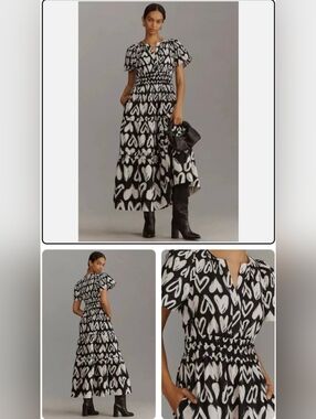 Anthropologie Somerset Maxi Dress Medium Black White Hearts Tiered Pockets